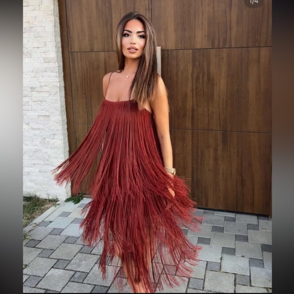 NWT ZARA STRAPPY FRINGE MIDI DRESS BROWN - Picture 8 of 8